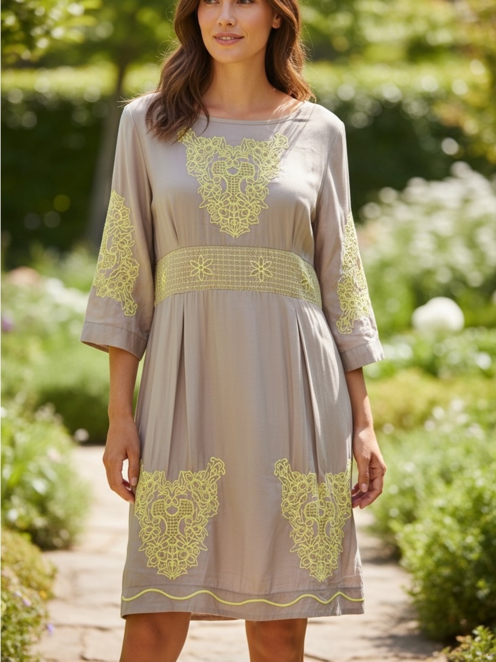 Urban Mango Cream and yellow Embellished Sundress 3/4 Sleeve